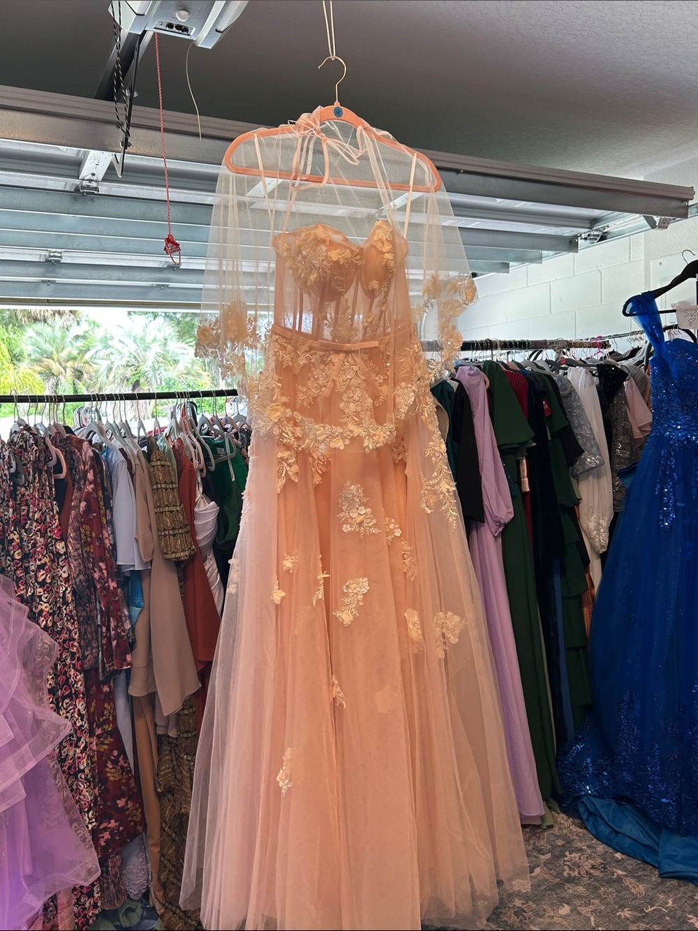Girls Peach Floral Lace Tulle Dress with Cape